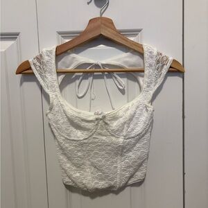 Garage White Lace Crop Top with Bow Tie Back